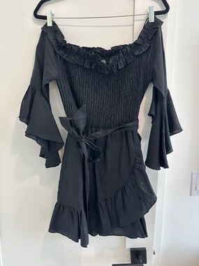 Black Off-Shoulder Ruffle Wrap Dress